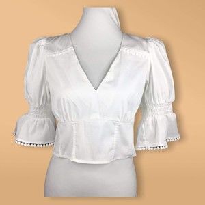 Milk and Honey Women's V-neckline Pom Pom White Three Quarter Sleeves Blouse M